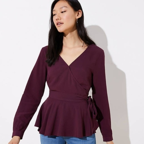 LOFT Tops - Loft Wrap Blouse Plum Burgundy Long Sleeve Large